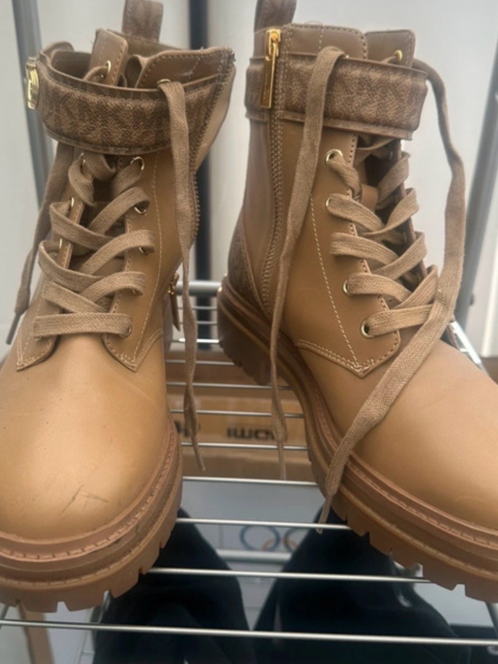 Michael Kors Taupe Lace-Up Combat Boots with Ankle Strap